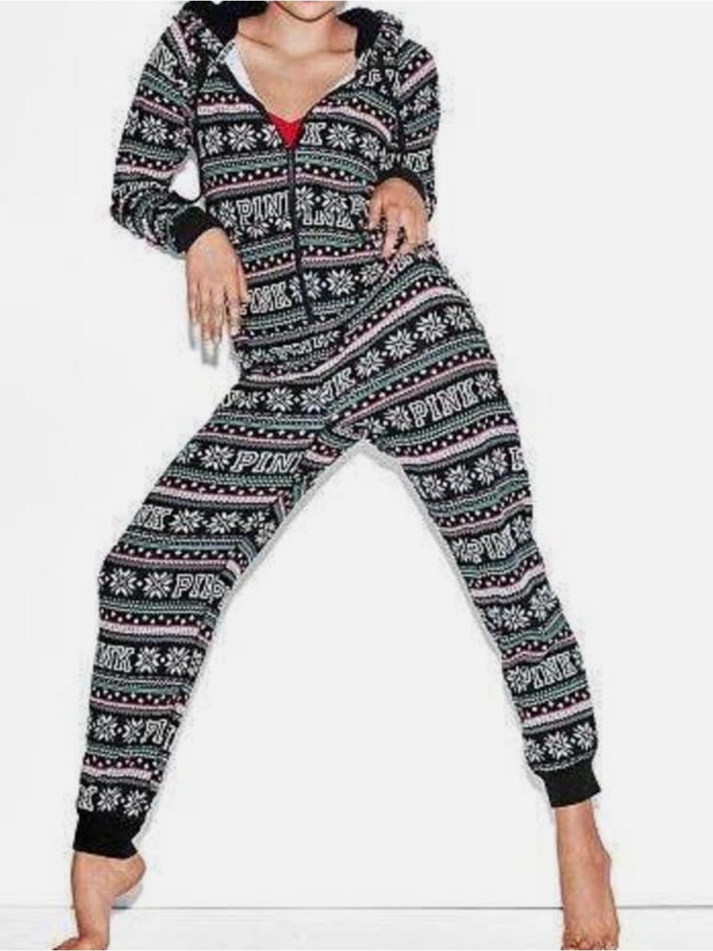 VS. PINK holiday fair isle onsie with Sherpa hood X-small EUC